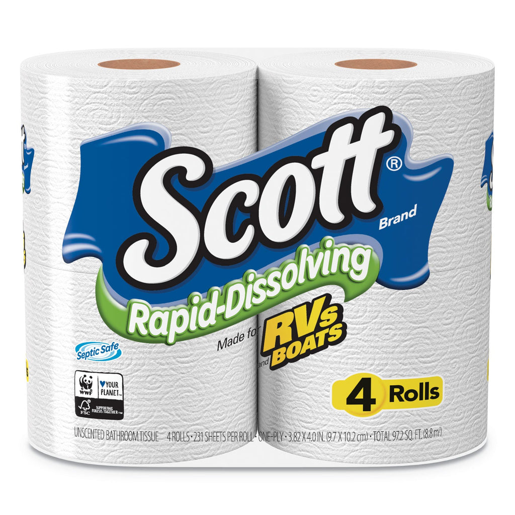 Scott Rapid-Dissolving Toilet Paper, Bath Tissue, Septic Safe, 1-Ply, White, 231 Sheets/Roll, 4/Rolls/Pack, 12 Packs/Carton