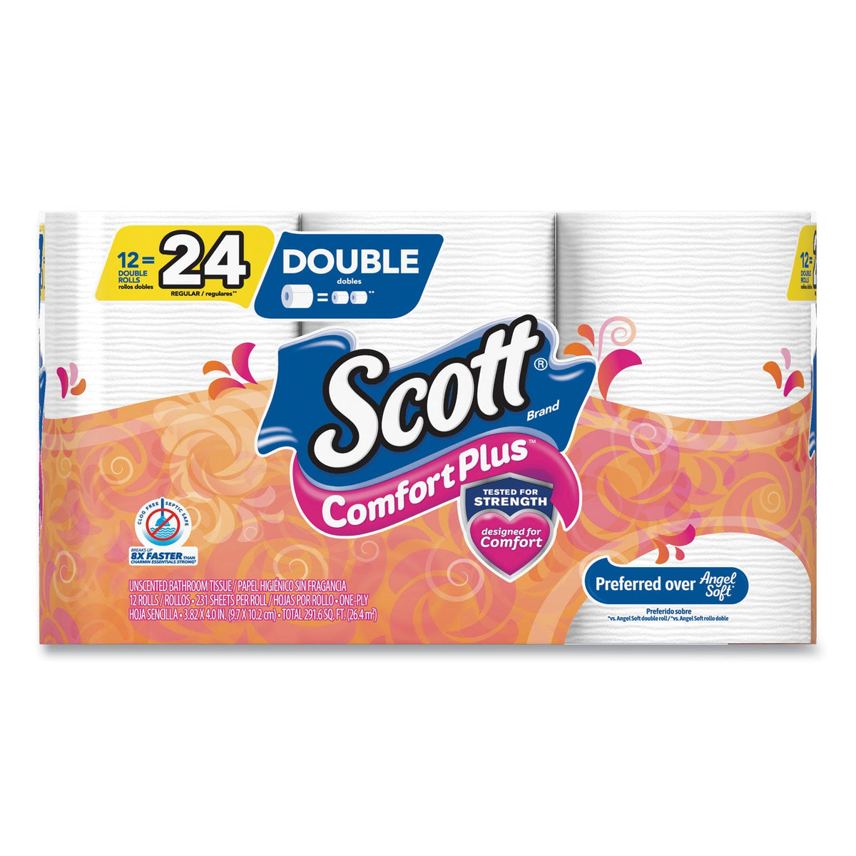 Scott ComfortPlus Toilet Paper, Double Roll, Bath Tissue, Septic Safe, 1-Ply, White, 231 Sheets/Roll, 12 Rolls/Pack, 4 Packs/Carton